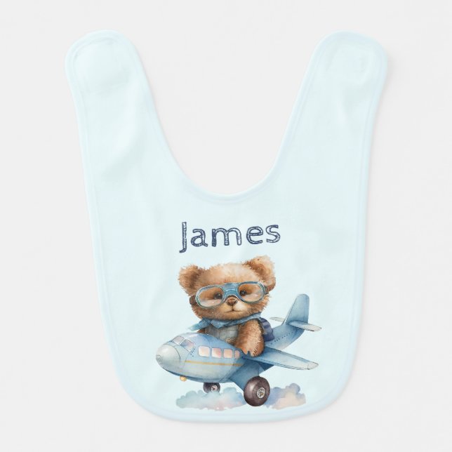 Teddy Bear Baby Shower Gift Boy Blue Bear Bib (Front)
