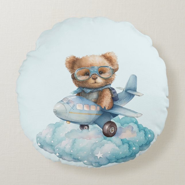 Teddy Bear Baby Shower Gift Boy Blue Bear Round Pillow (Front)