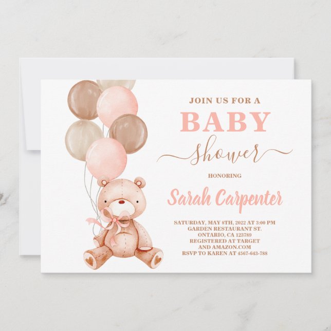 Teddy Bear Baby Shower Girl Invitation (Front)