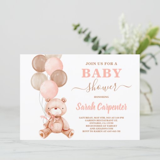 Teddy Bear Baby Shower Girl Invitation | Zazzle