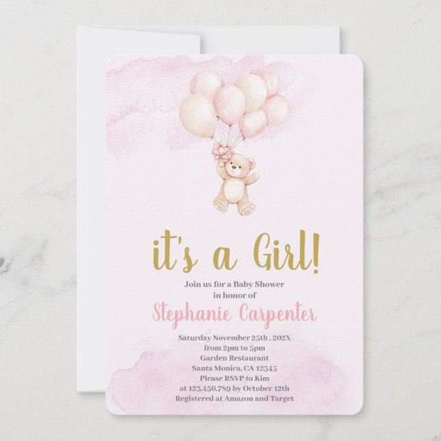 Teddy bear baby Shower Girl Invitation (Front)