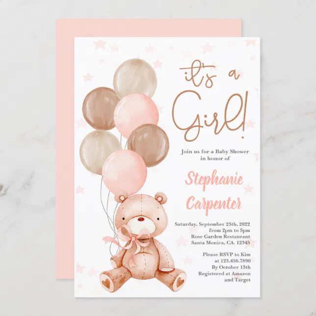 Teddy Bear Baby shower girl Invitation Zazzle