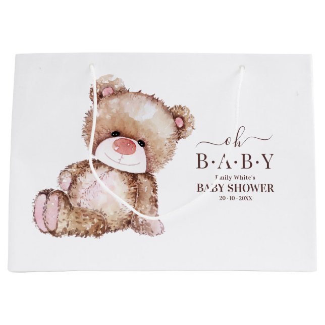 Teddy Bear Baby Shower, Girl Pink Bear Baby Shower Large Gift Bag (Front)