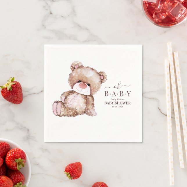 Teddy Bear Baby Shower, Girl Pink Bear Baby Shower Napkins (Insitu)