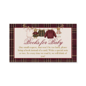 Teddy Bear Baby Shower Girl Plaid Bow Books Enclosure Card
