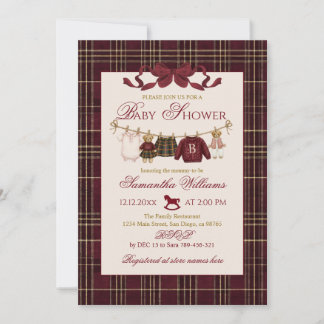 Teddy Bear Baby Shower Girl Plaid Burgundy Bow Invitation