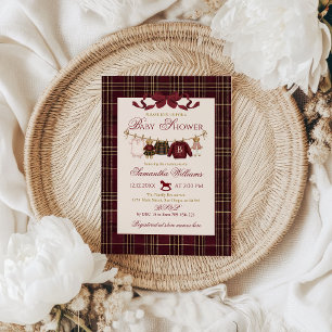 Teddy Bear Baby Shower Girl Plaid Burgundy Bow  Invitation