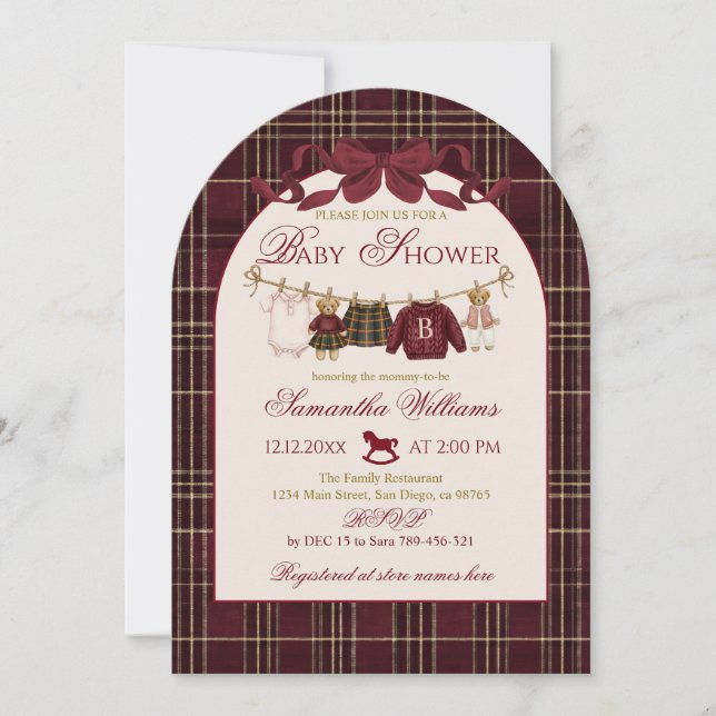 Teddy Bear Baby Shower Girl Plaid Burgundy Bow  Invitation (Front)