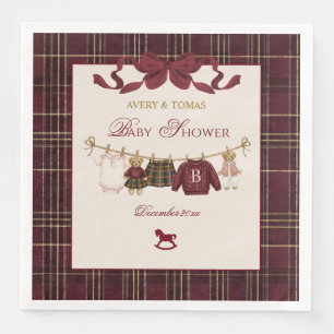 Teddy Bear Baby Shower Girl Plaid Burgundy Bow Paper Dinner Napkins