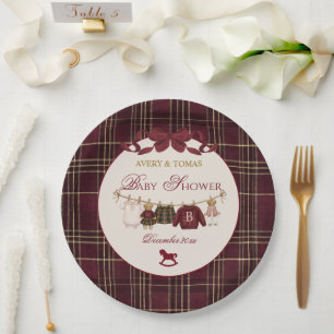 Teddy Bear Baby Shower Girl Plaid Burgundy Bow  Paper Plates