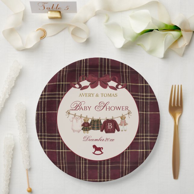 Teddy Bear Baby Shower Girl Plaid Burgundy Bow  Paper Plates (Wedding)