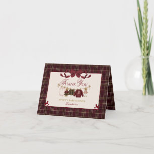Teddy Bear Baby Shower Girl Plaid Burgundy Bow Thank You Card