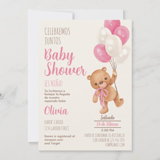 Teddy Bear Baby Shower Girl Spanish Invitation (Front)