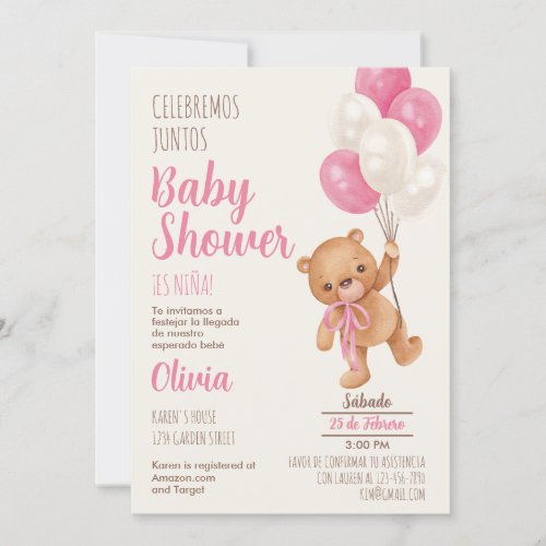 Teddy Bear Baby Shower Girl Spanish Invitation
