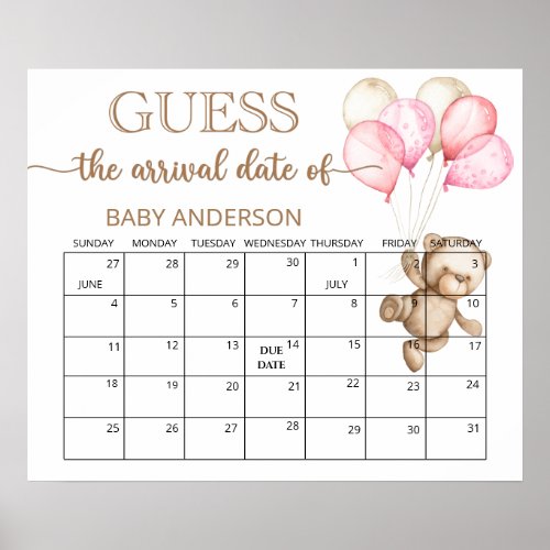 Teddy Bear Baby Shower Guess Due Date Calendar  Po Poster