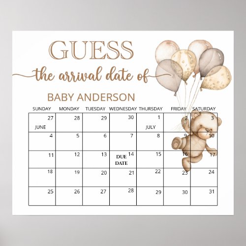 Teddy Bear Baby Shower Guess Due Date Calendar  Po Poster