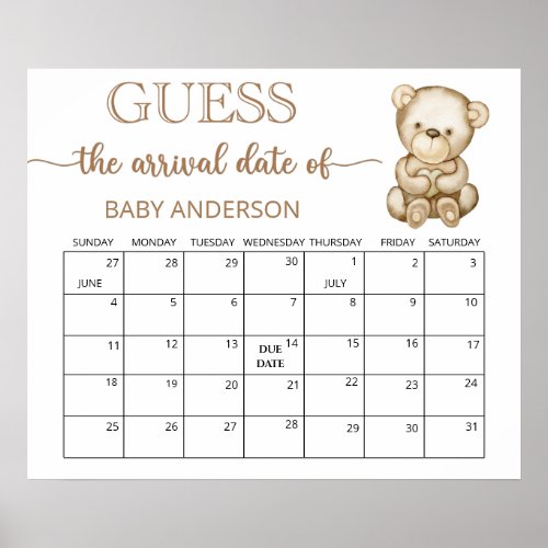 Teddy Bear Baby Shower Guess Due Date Calendar  Po Poster