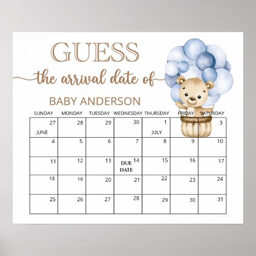 Teddy Bear Baby Shower Guess Due Date Calendar Pos Poster