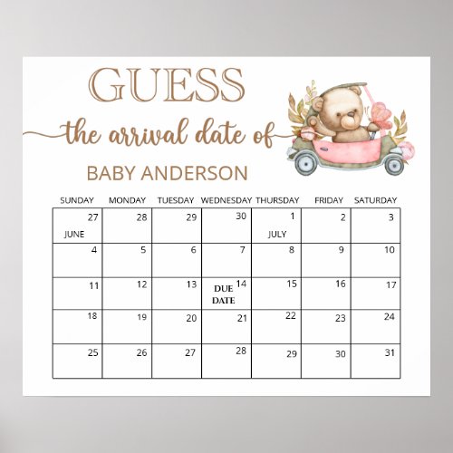 Teddy Bear Baby Shower Guess Due Date Calendar  Poster