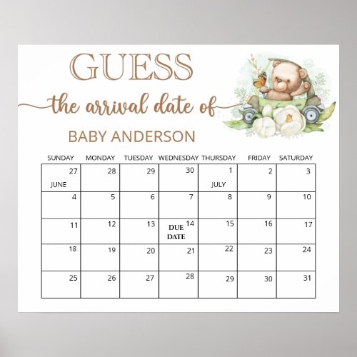 Teddy Bear Baby Shower Guess Due Date Calendar  Poster