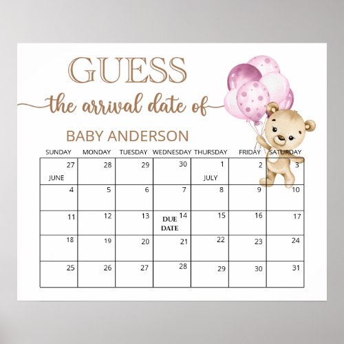 Teddy Bear Baby Shower Guess Due Date Calendar Poster