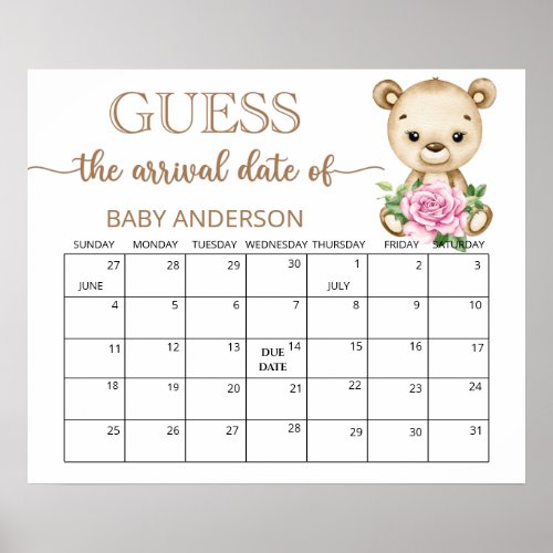 Teddy Bear Baby Shower Guess Due Date Calendar Poster