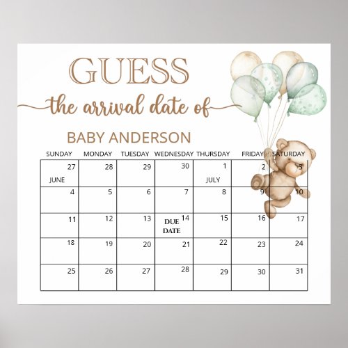 Teddy Bear Baby Shower Guess Due Date Calendar   Poster