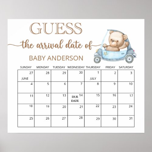 Teddy Bear Baby Shower Guess Due Date Calendar Poster