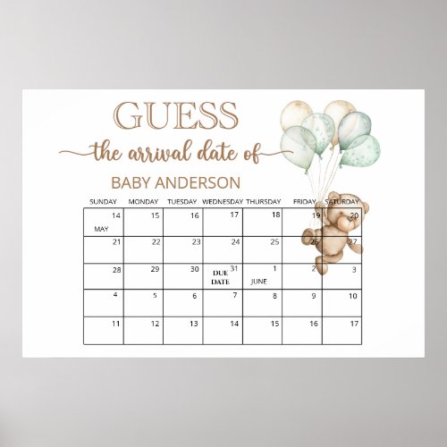 Teddy Bear Baby Shower Guess Due Date Calendar    Poster