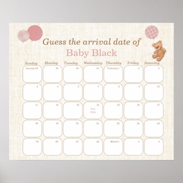 Teddy Bear Baby Shower Guess The Due Date Calendar Poster (Front)