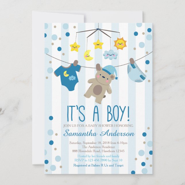 Teddy Bear Baby Shower Invitation, boy baby shower Invitation (Front)