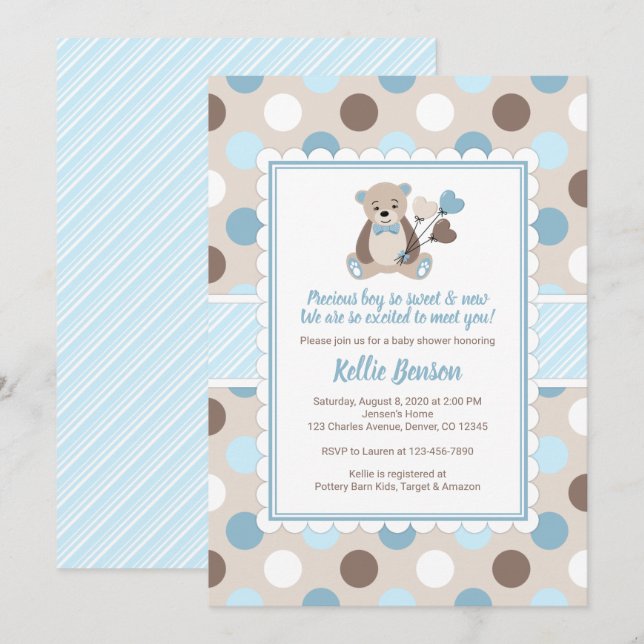 Teddy bear baby shower invitation boy blue brown (Front/Back)