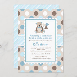 Teddy bear baby shower invitation boy blue brown