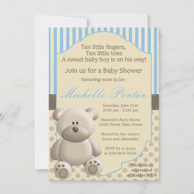 Teddy bear Baby Shower Invitation for a boy (Front)