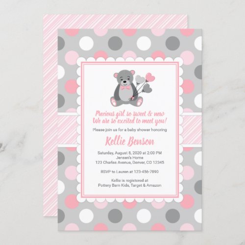 Teddy bear baby shower invitation girl pink gray