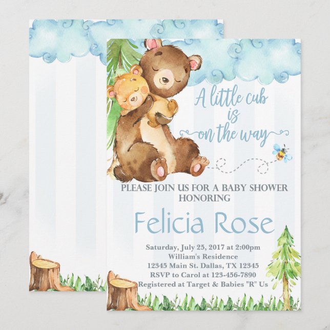 Teddy Bear Baby Shower Invitation Invite Blue Boy (Front/Back)