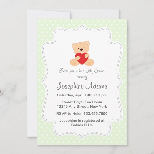 Teddy Bear Baby Shower Invitation Mint Green (Front)