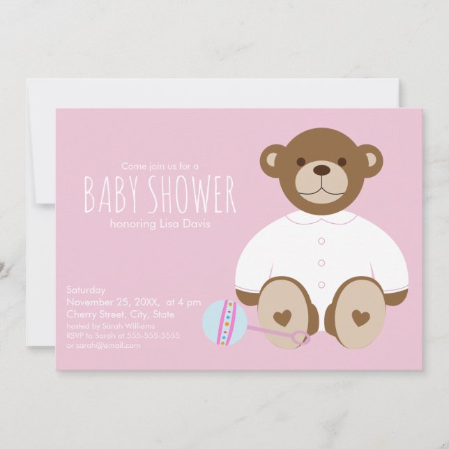 Teddy Bear Baby Shower Invitation, pink background Invitation (Front)