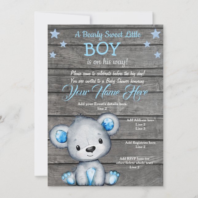 Teddy Bear Baby Shower Invitation, rustic blue boy Invitation (Front)