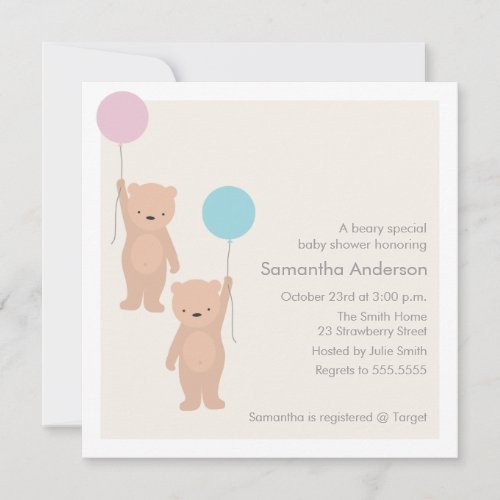 Teddy Bear Baby Shower Invitation - Twin Boy Girl