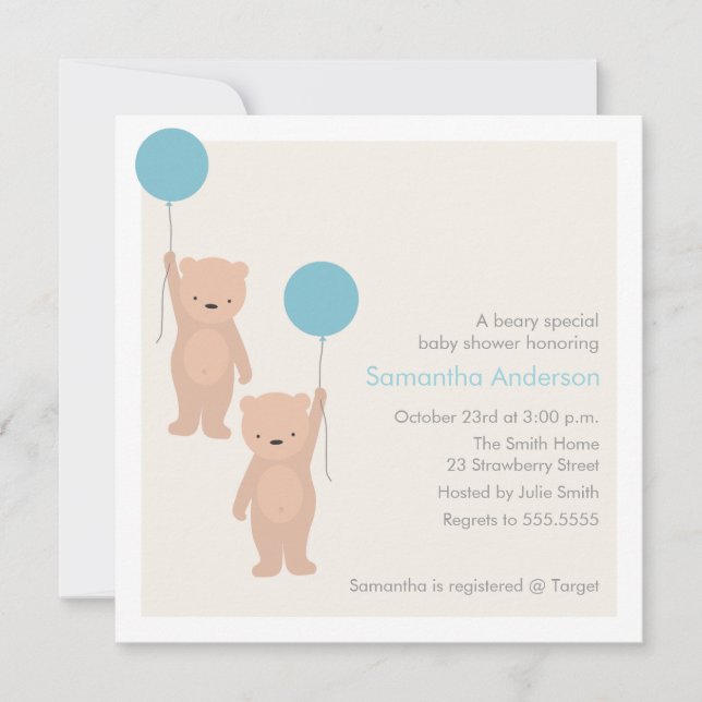 Teddy Bear Baby Shower Invitation - Twin Boys (Front)