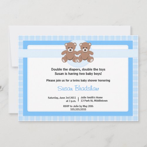 Teddy Bear Baby Shower Invitation - Twin Boys