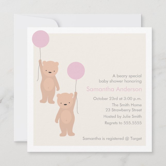Teddy Bear Baby Shower Invitation - Twin Girls (Front)