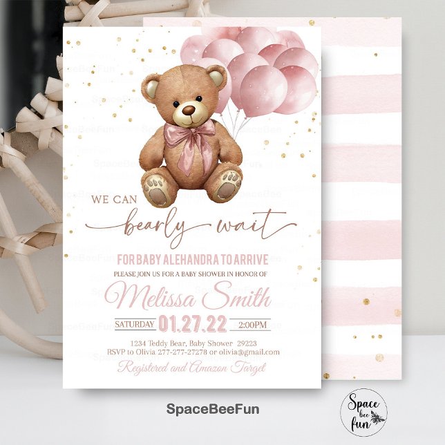 Teddy Bear Baby Shower Invitation We Can Bearly (teddy bear,baby shower invitation,we can bearly wait,teddyy bear girl linvites,bear hot air balloon,)