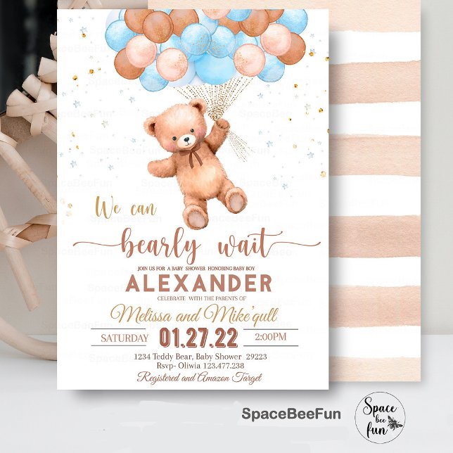 Teddy Bear Baby Shower Invitation We Can Bearly Wa (Teddy Bear baby shower boy,Baby Shower bear invitation,boho bohemian bear,We Can Bearly Wait invites)