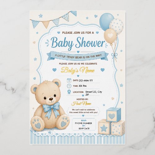 Teddy Bear Baby Shower Invitation with Gold Foil