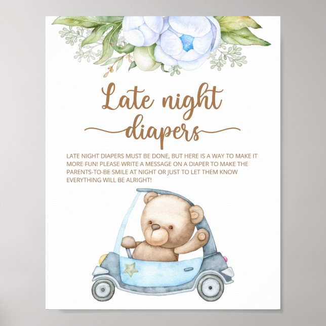 Teddy Bear Baby Shower Late Night Diapers Poster (Front)