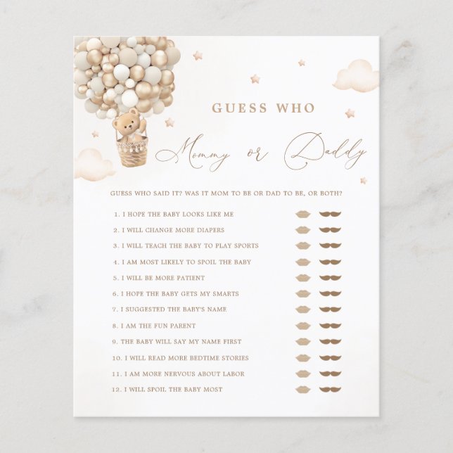 Teddy Bear Baby Shower Mommy or Daddy Game (Front)