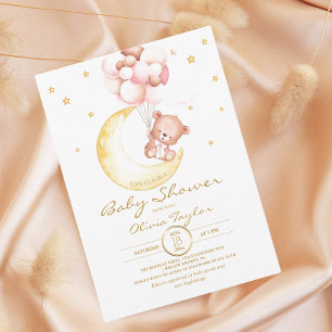 Teddy Bear Baby Shower Moon and Stars Girly Invitation