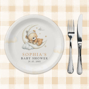 Teddy Bear Baby Shower Neutral Beige Boy party Paper Plates